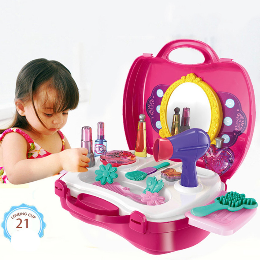 Grab Offers Make Up Toy Set for Baby Girl Plastic Hair Dryer Comb Cosmetics Jewelry Pretend Play Children s Small Suitcase