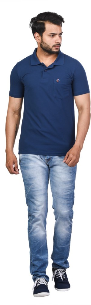 4 Four Squares Solid Men Polo Neck Blue T-Shirt - Buy 4 Four Squares Solid  Men Polo Neck Blue T-Shirt Online at Best Prices in India