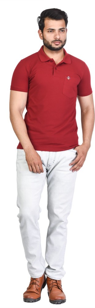 4 Four Squares Solid Men Polo Neck Maroon T-Shirt - Buy 4 Four