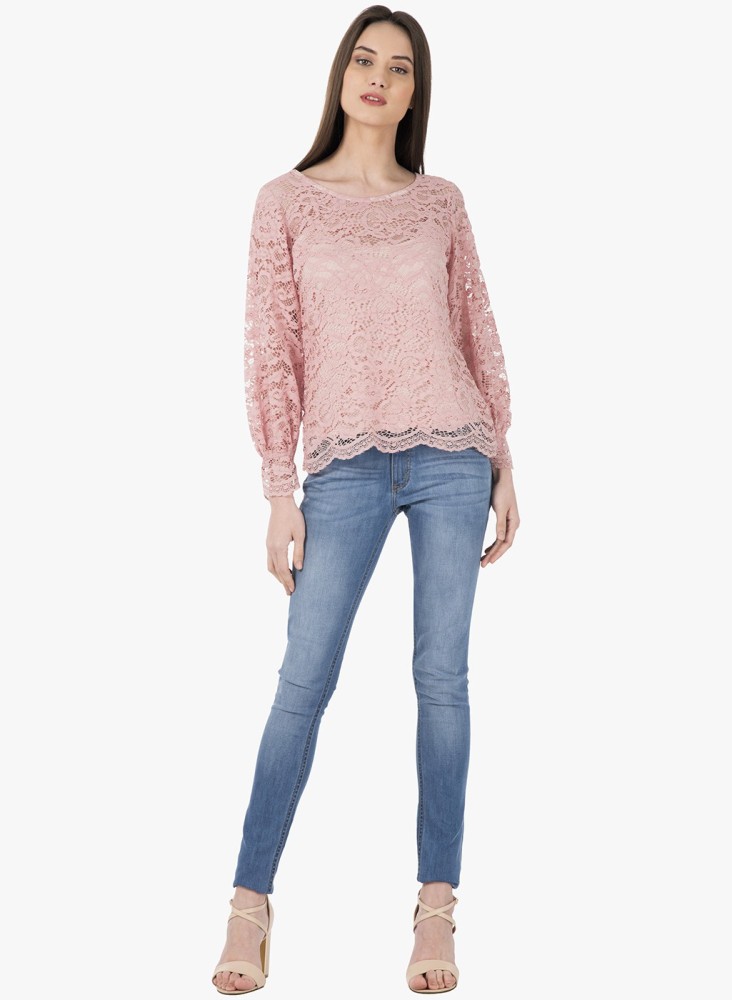 FABALLEY Casual Full Sleeve Lace Women Pink Top - Buy