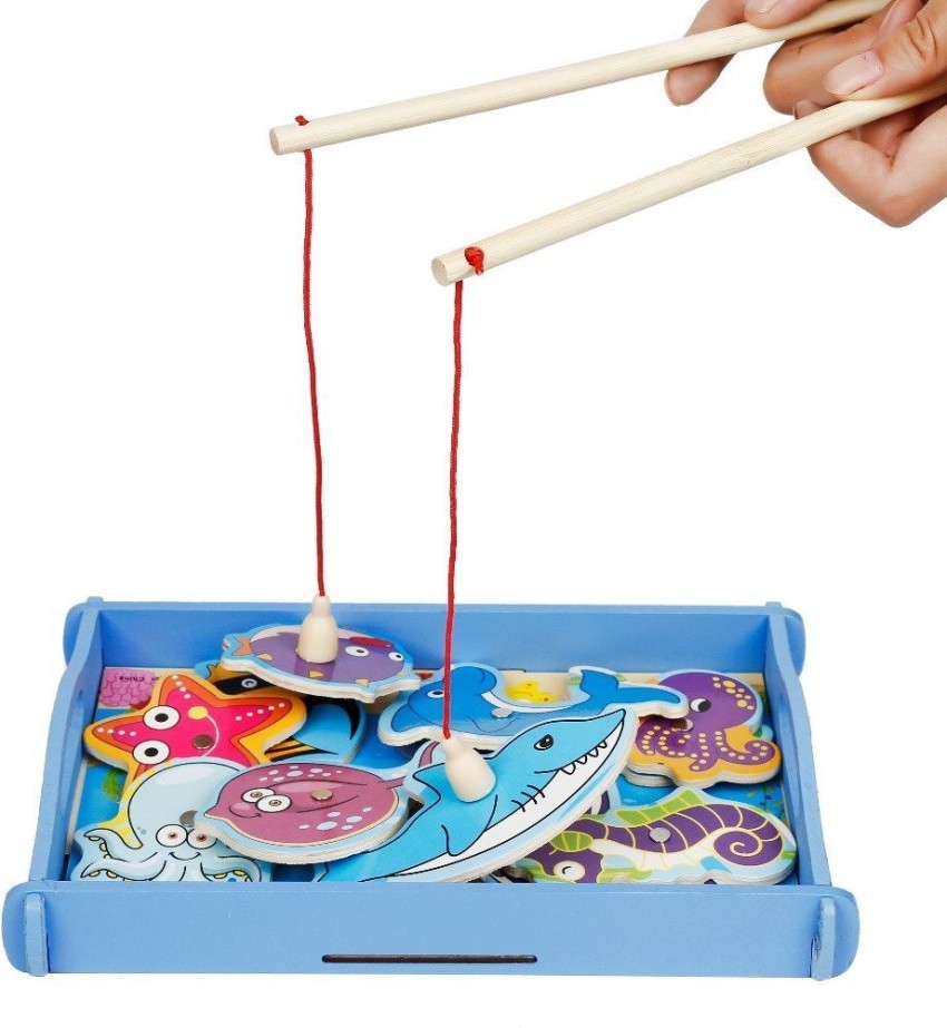 Shrih Wooden Magnetic Fishing Set for Kids with 2 Magnetic Fishing