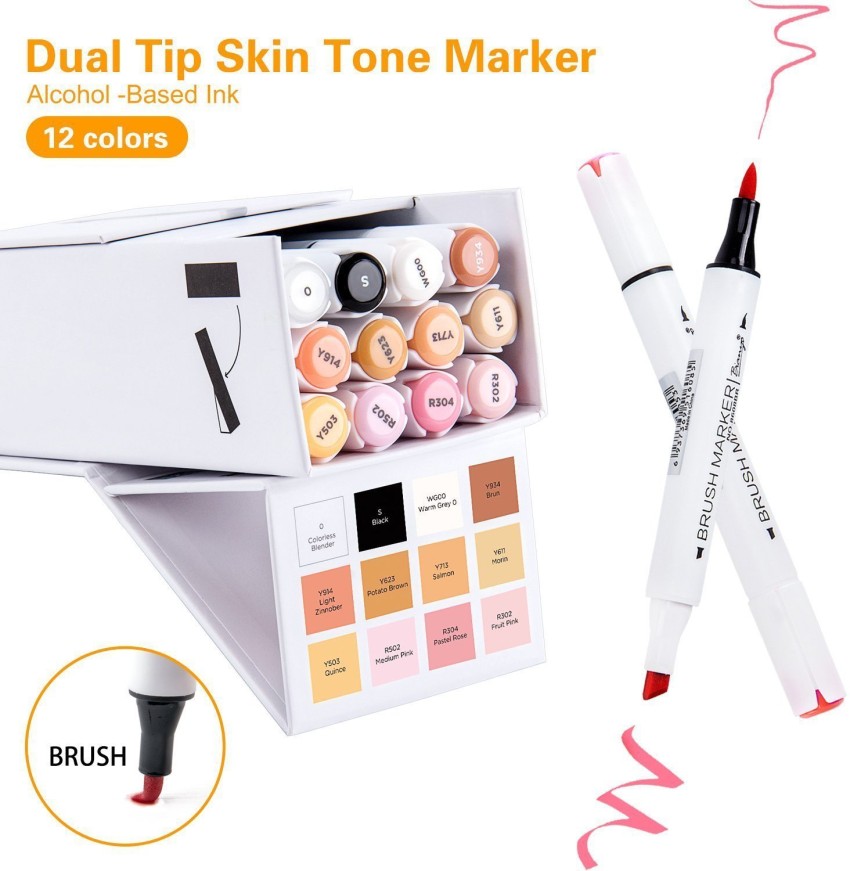 Skin Tone Alcohol Markers Set - 12 Light Skin Colors Dual Tip