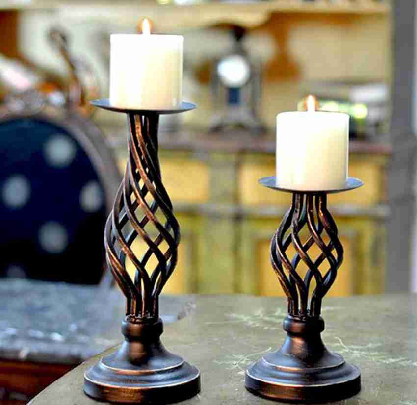 DI GRAZIA Di Grazia Wrought Iron Pillar Candle Holder, Retro Cut Design  Table Top Candle Stick, Set of 2 (Golden Black, 2pc-Black-Pillar-Candle-Stick)  Iron, Cast Iron 2 - Cup Candle Holder Set Price