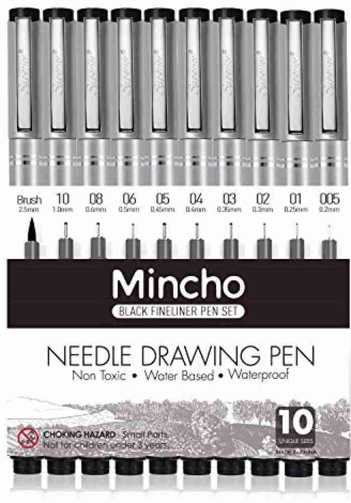 Set of 10 Black Micro-Pen Fineliner Ink Pens Anti-Bleed & Waterproof Archival Ink Brush & Calligraphy Tip Nibs - Artist Illustration Office