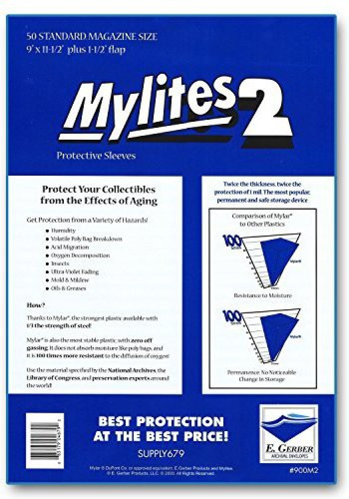 E Gerber Mylites 2 Standard Magazine Mylar Sleeves 9 X 11-1/2 Plus 1-1/2  Flap - Pack Of 50! - Mylites 2 Standard Magazine Mylar Sleeves 9 X 11-1/2  Plus 1-1/2 Flap 