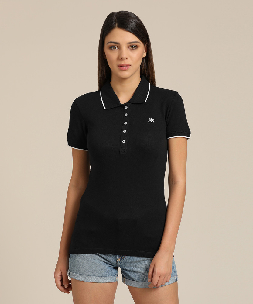 AEROPOSTALE Solid Women Polo Neck Black T Shirt