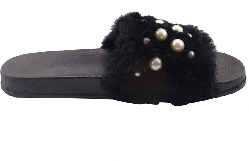 Royalex Women Cotton Fur Pearl Studded Flip Flop for Women Black