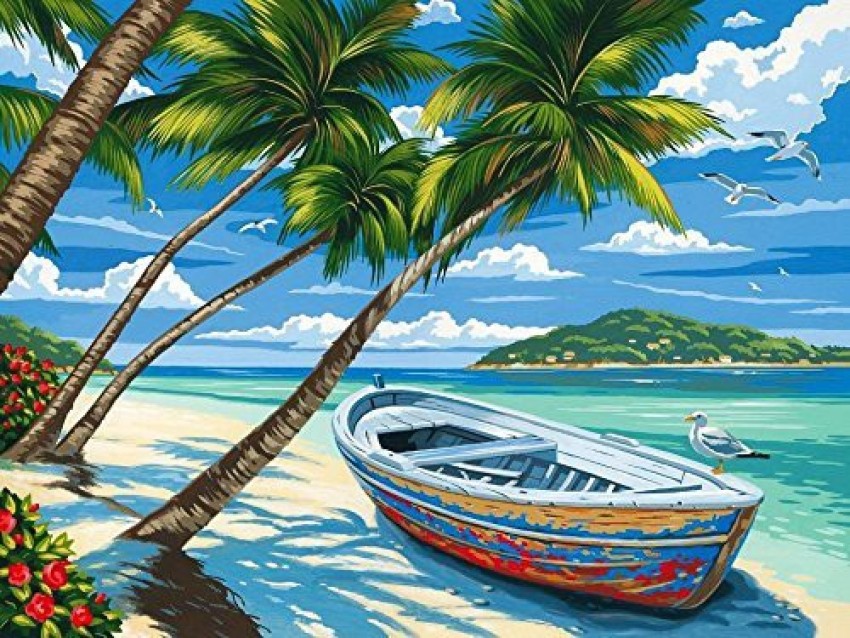 Boat on Beach - Paint by Number Kit DIY Oil Painting Kit on Wood
