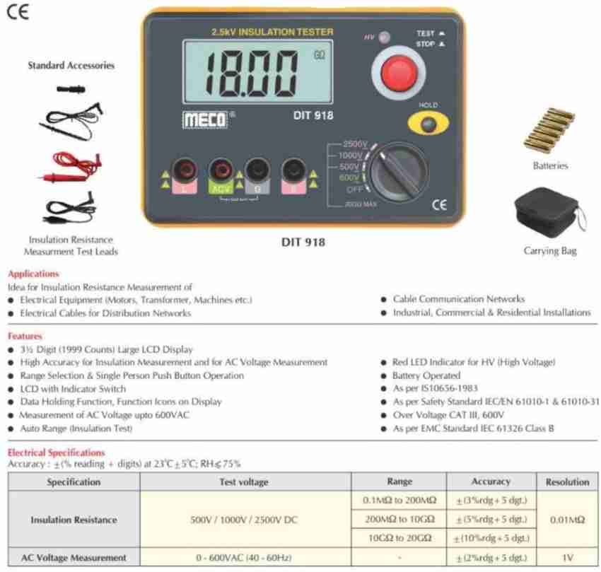Meco DIT918 Meco 2.5kV 20GV Digital Insulation Tester with AC