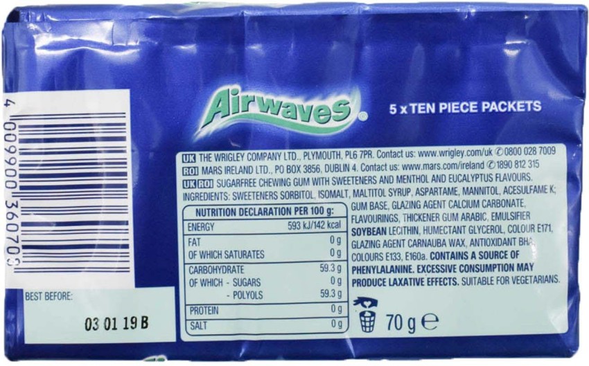 AIRWAVES Menthol & Eucalyptus flavour Sugar Free Chewing Gum 10