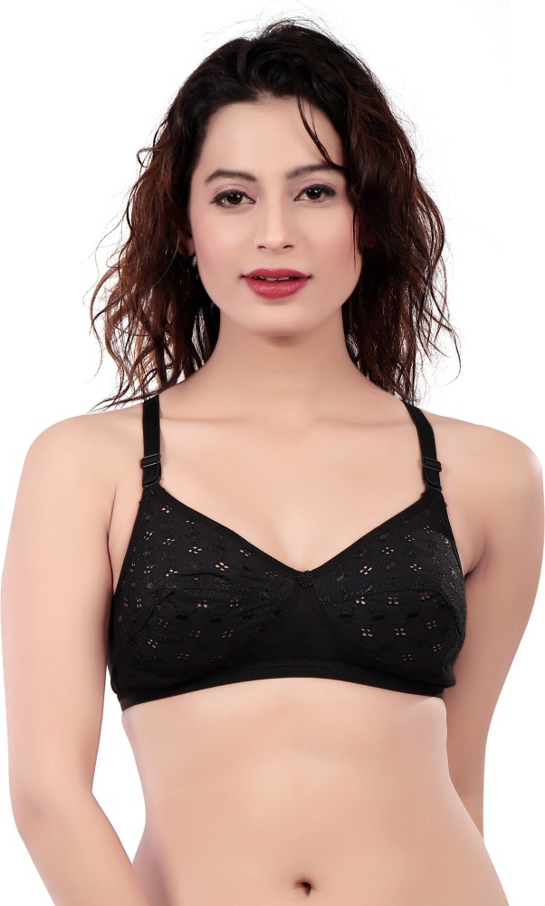 Buy Embroidered Chikan,Cotton Non Padded Non Wired Full Coverage Bra (28,  Black) at