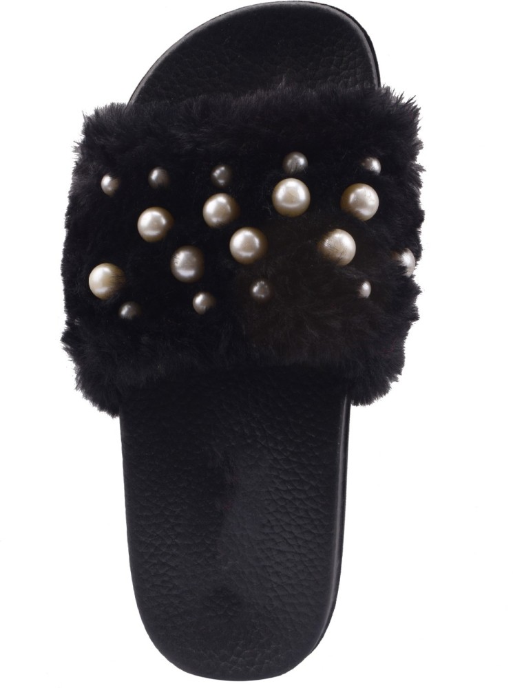 Royalex Cotton Fur Pearl Studded Flip Flop for Women Black 11