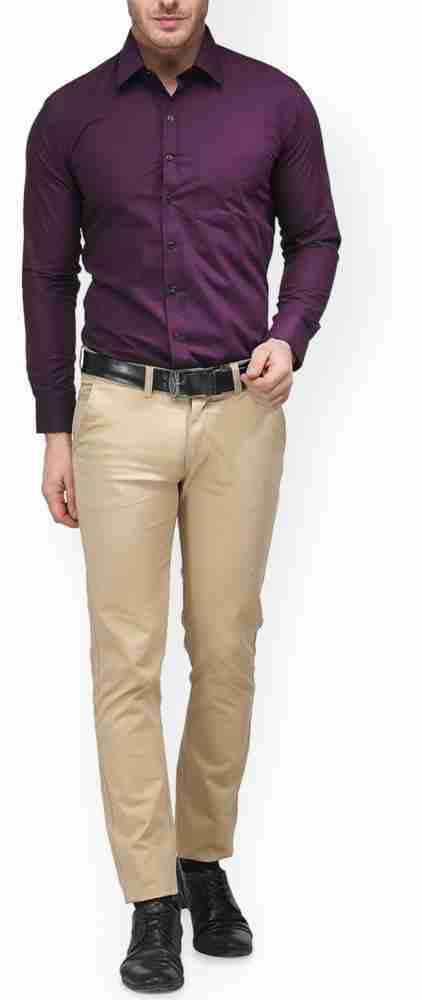 khaki pants purple shirt