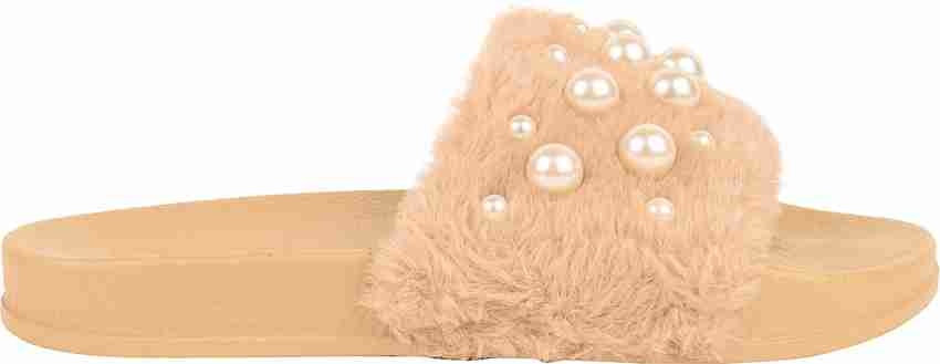 DRUNKEN Women Women s Pearl Embellished Faux Fur Beige Slide