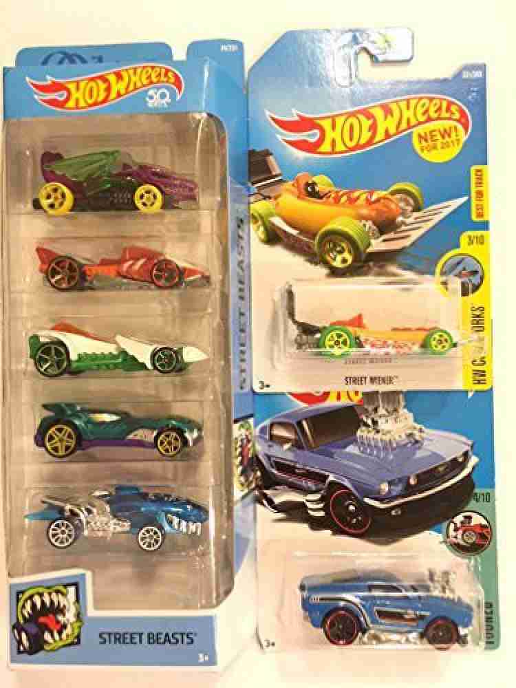 Generic Hot Wheels 2018 Street Beasts 5 Pack Dragon Hammer Down Preying Menace Howlin Heat and Sharkruiser BONUS Hot Wheels 2017 HW City Works Street Wiener Hot Wheels 2017 Tooned 68