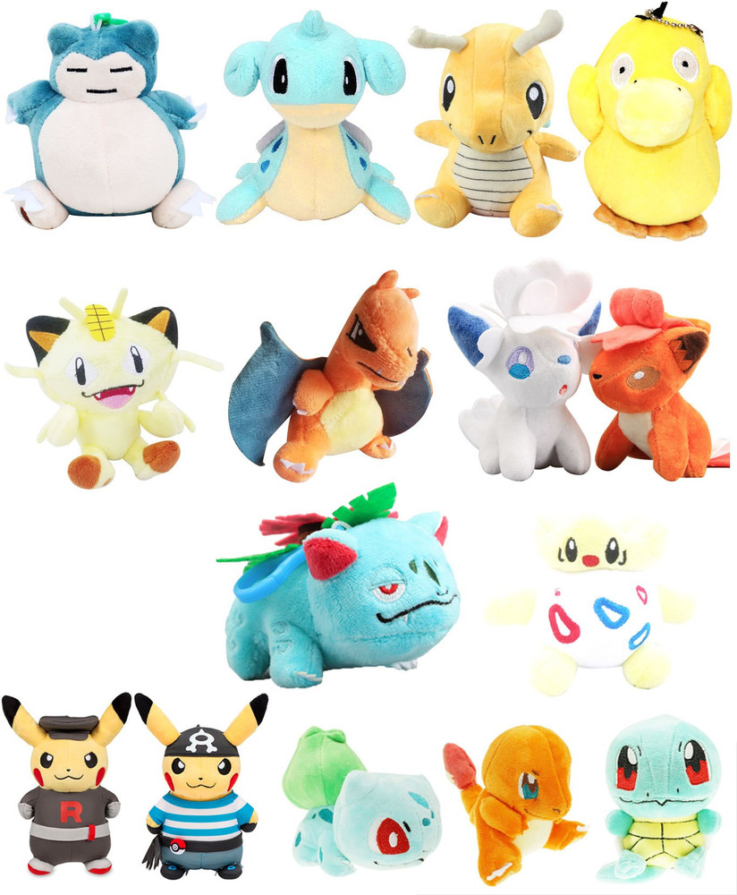 imodish Pokemon GO Pokeball Set Of 15 Pcs. Snorlex Psyduck Lapras 2 Pikachu Meowth Dragonite Charizard 2 Vulpix Togepi Venusaur Charmander Bulbasaur Squirtle 10 12 Cms. Soft Toy Plush Stuffed Toys 12