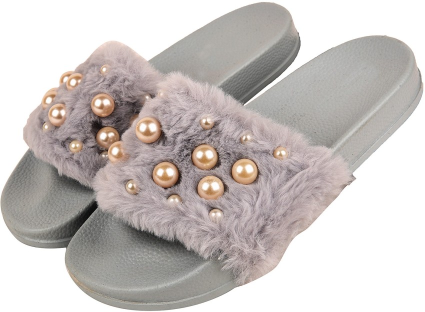 Grey discount fur sliders