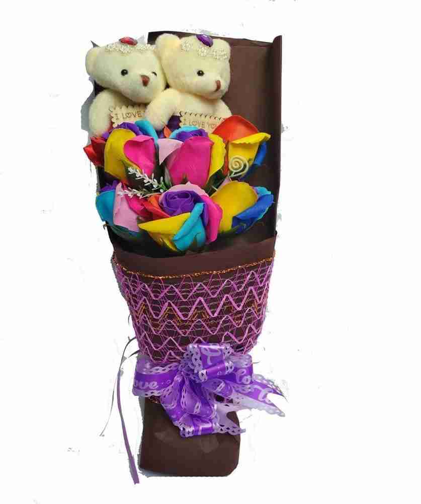 Delhi Gift House Multi Color Rose With 2 White Teddy Bookey Flower