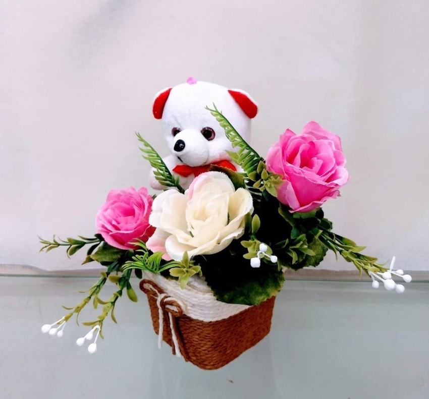 Just Flowers Cute Teddy with Roses Bouquet Small Plastic Flower Basket  Price in India - Buy Just Flowers Cute Teddy with Roses Bouquet Small  Plastic Flower Basket online at