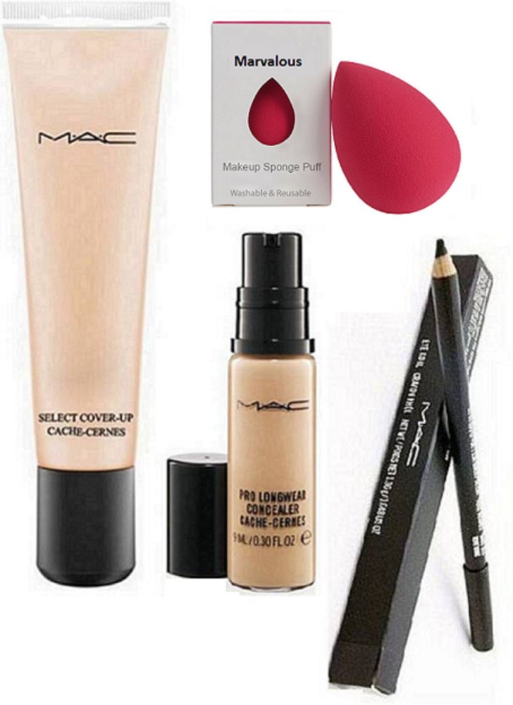 marvalous Sponge Puff, Mac Select Coverup Cache Cernes SPF 15 Foundation 40 ml With Pro Long Wear Concealer, Pencil Kajal Price in India - marvalous Sponge Puff, Mac Select Coverup Cache