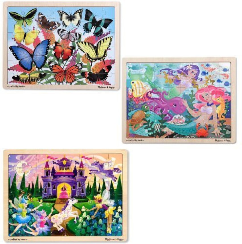 MELISSA DOUG Fairy Fantasy Butterfly Garden and Mermaid Fantasea 48 Piece Wooden Jigsaw Puzzle Bundle Set of 3 Fairy Fantasy Butterfly Garden and Mermaid Fantasea 48 Piece Wooden Jigsaw Puzzle