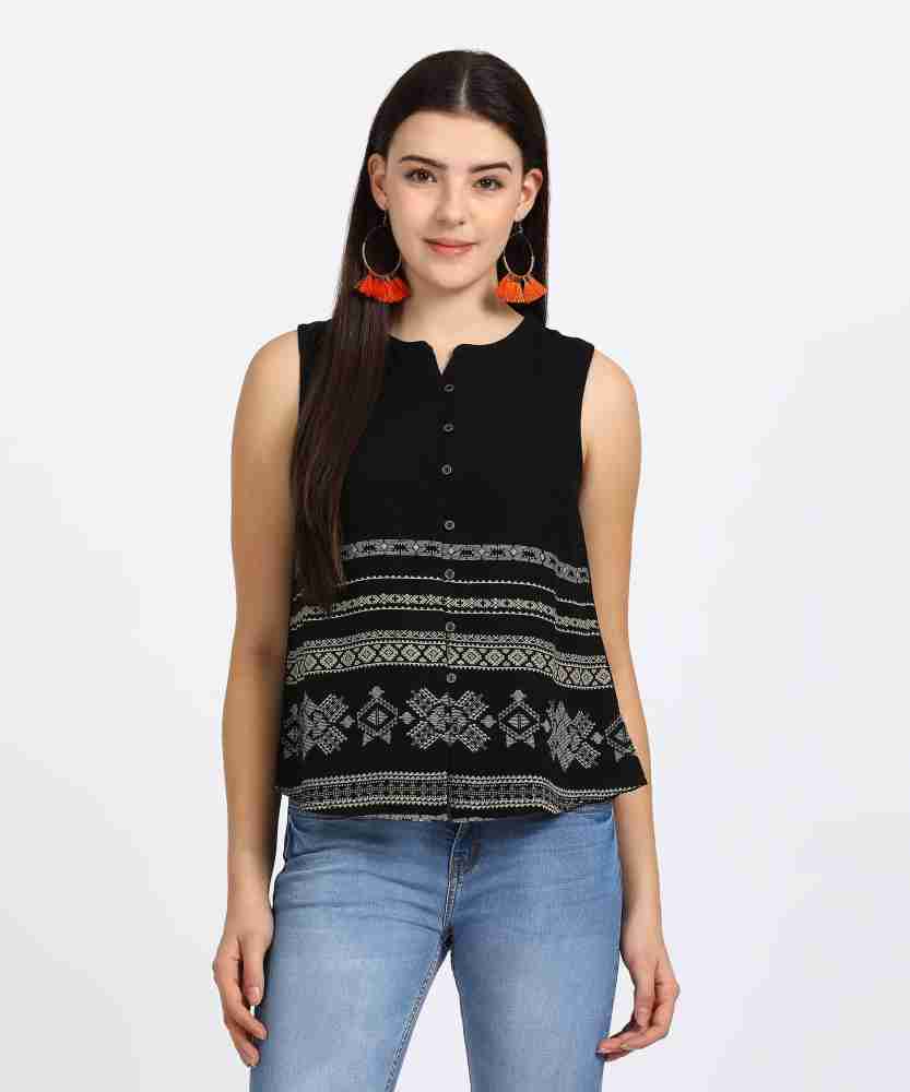 J TURRITOPSIS Casual Sleeveless Printed Women Black Top - Buy J