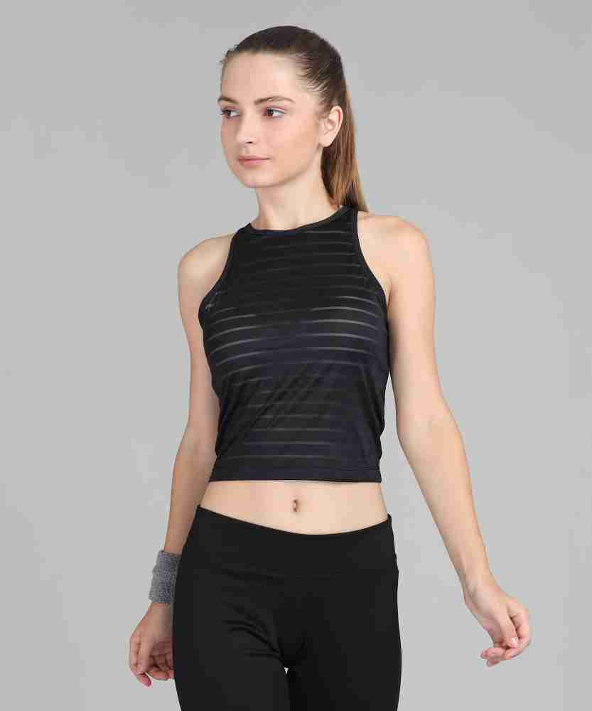 REEBOK Casual Sleeveless Striped Women Black Top - Buy black