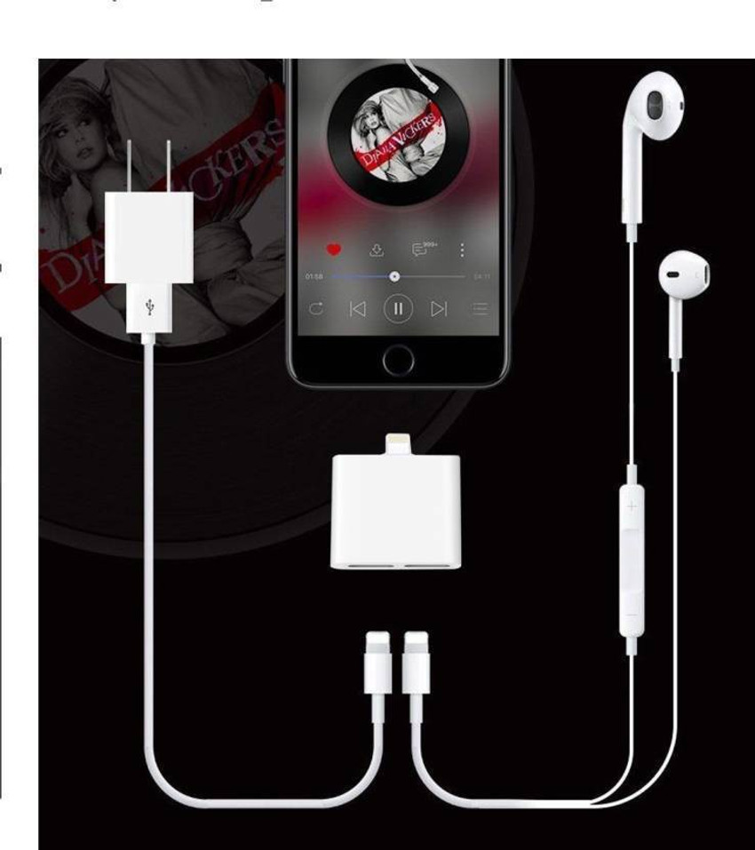 ROQ Silver 2 in 1 Lightning Charger Headphone Audio Adapter Dual