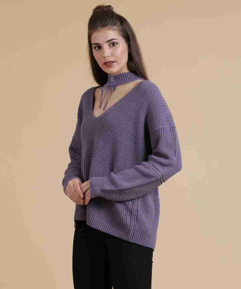 FOREVER 21 Solid V neck Casual Women Purple Sweater Buy