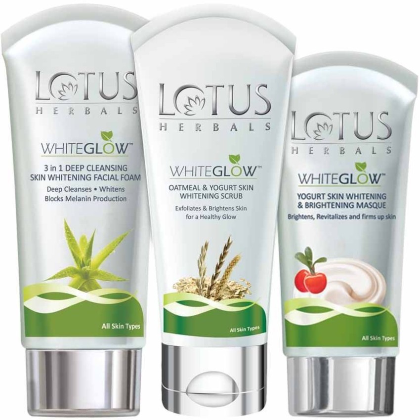 LOTUS HERBALS Whitening Glow Kit Facial Foam 100gm Masque 80gm Oatmeal Scrub 100gm