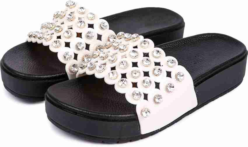 White discount studded slides