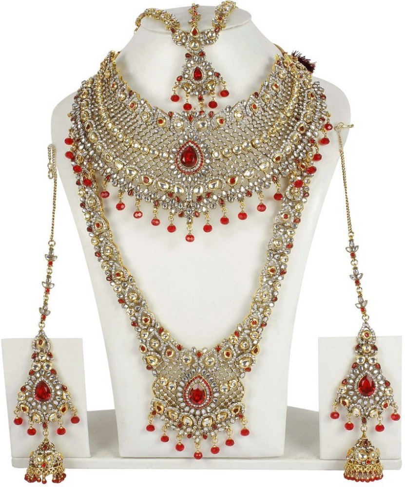 Alloy gold plated stones and beads heavy bridal jewellery set for wedding