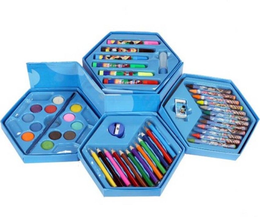 Hexagonal Coloring Box Art Kit Set Of 46 Pieces With Color Pencils,  Crayons, Water Color, Marker Pens for kids