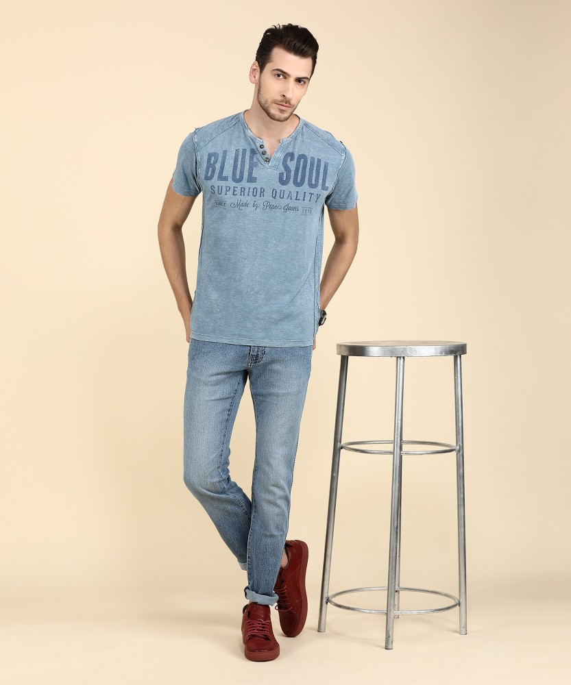 Pepe Jeans Printed Men Henley Neck Blue T-Shirt - Buy SKY Pepe