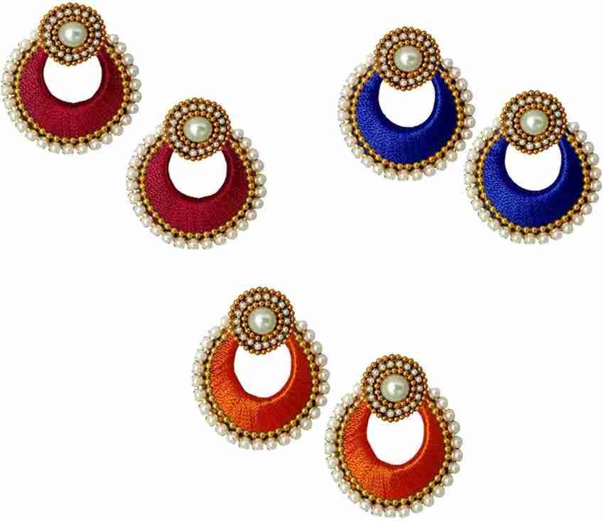 Tia Crafts Handmade Silk Thread Magenta Blue and Orange Fabric Chandbali Earring