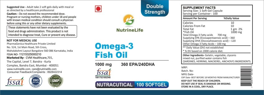 NUTRINELIFE Omega 3 Fish Oil 10000 Mg Double Strength EPA DHA