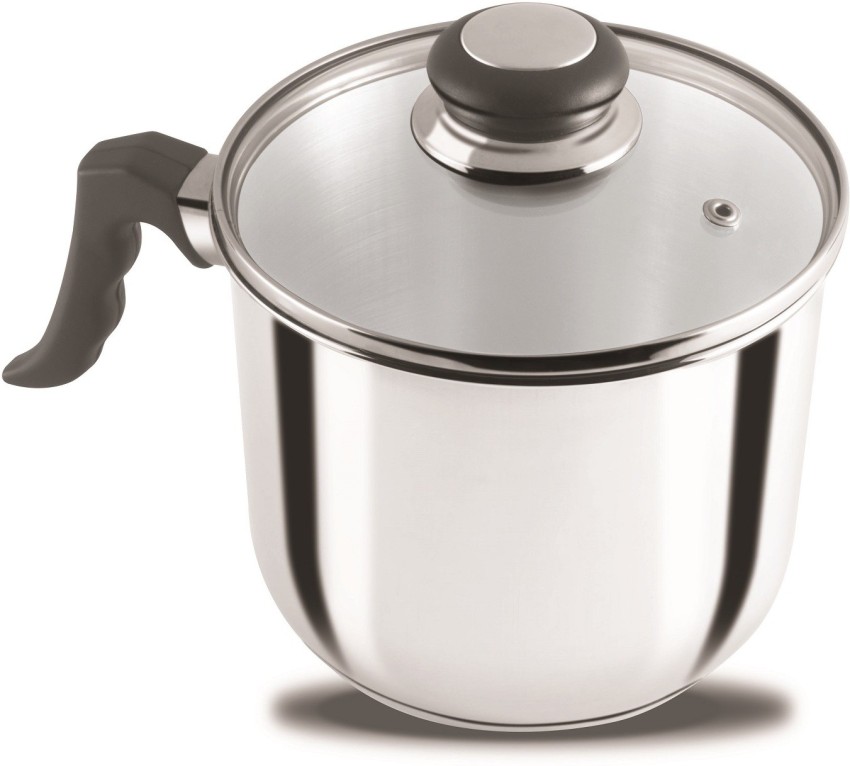 Prabha Heavy Gauge Stainless Steel Milk Pot Milk Boiler, Encapsulated Base  1.8L and 14cm Diameter Pot 1.8 L with Glass Lid (Silver)