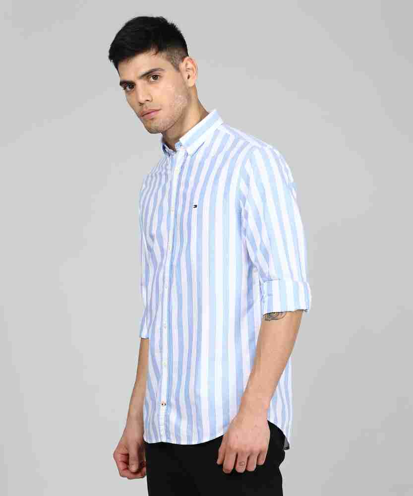 blue and white striped tommy hilfiger shirt