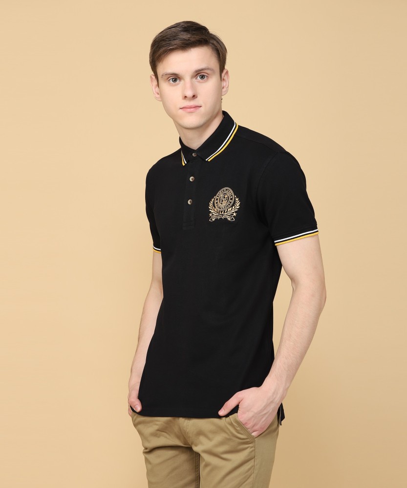 John Players Solid Men Polo Neck Black T Shirt