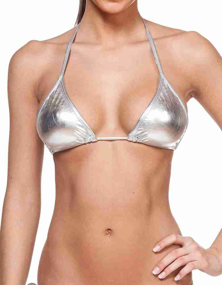 MPitude Free Size Lycra Metallic Shiny Silver Bra Shiny Bikini Bra String  Bra Bikini Top Women Bralette Non Padded Bra