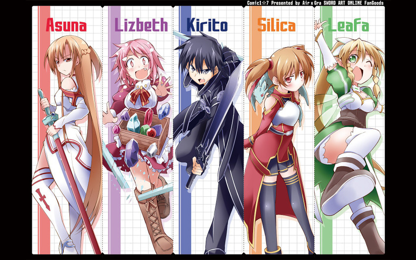 asuna, kirito, silica, lisbeth, pina, and 2 more (sword art online