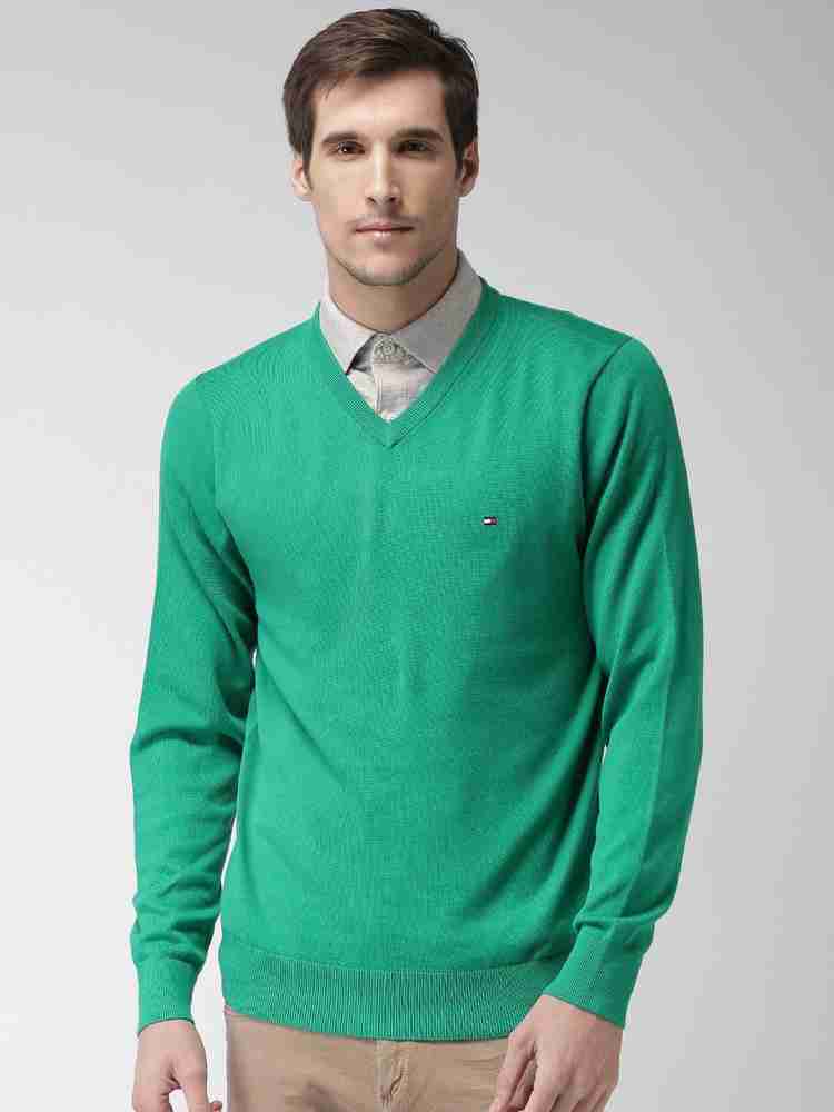 TOMMY HILFIGER Solid V neck Casual Men Green Sweater