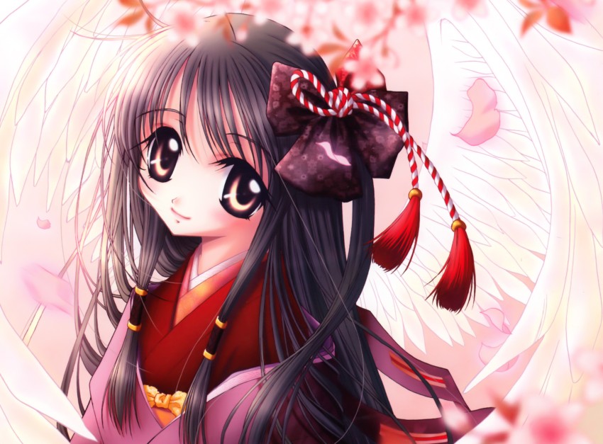 anime girl with black hair and black eyes kimono