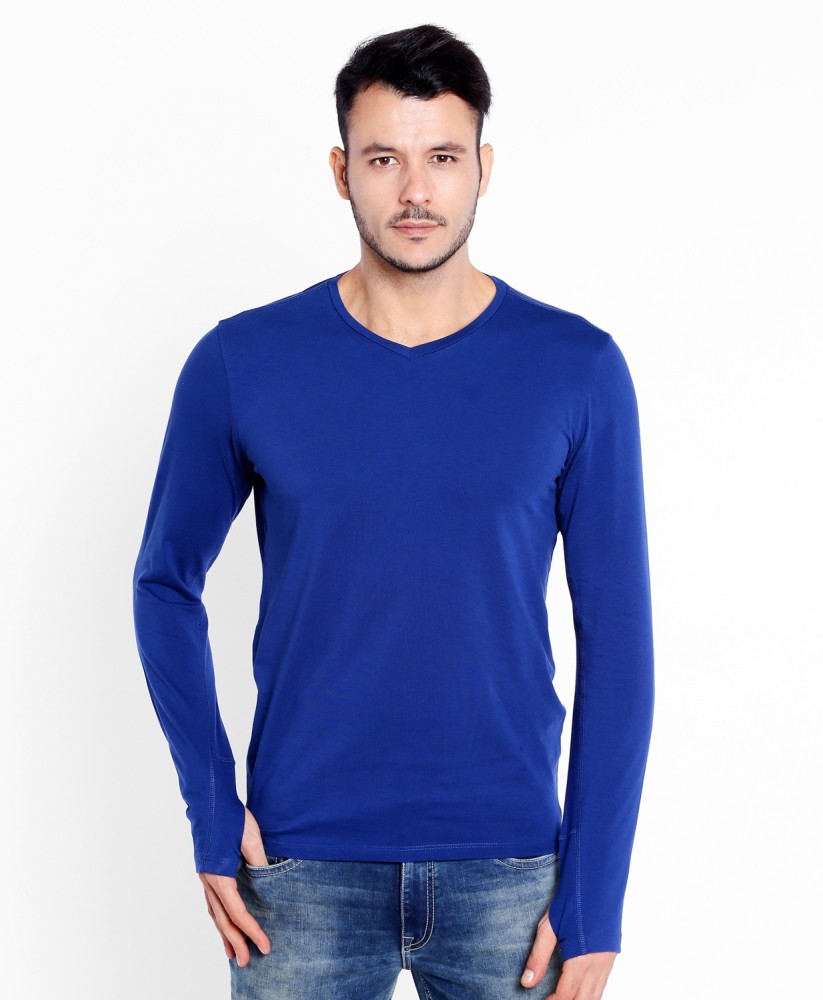 FBB - SPUNK Solid Men V Neck Blue T-Shirt - Buy FBB - SPUNK Solid Men V Neck  Blue T-Shirt Online at Best Prices in India