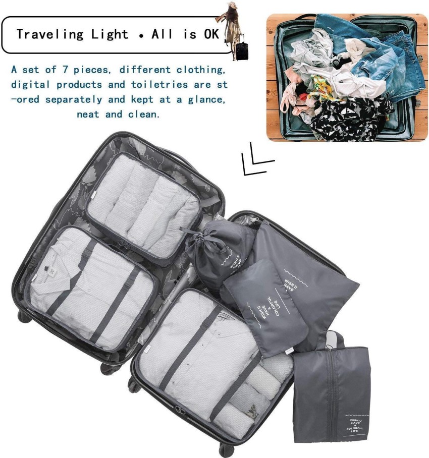 HOUSE OF QUIRK 7pcs Set Travel Organizer Packing Lightweight Travel Luggage  with Toiletry Bag Black - Price in India