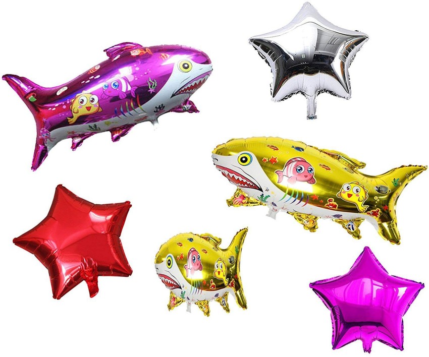 Masti Zone Printed Fish Shape /Shark Foil Balloons + 3 Star  Shape Foil Balloons for Birthday Party Decoration Balloon - Balloon