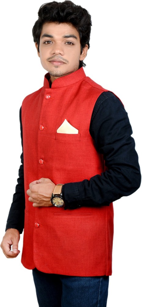 Red nehru clearance jacket with jeans