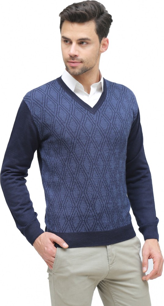 ALX Newyork Solid V-neck Casual Men Dark Blue Sweater - Buy ALX 