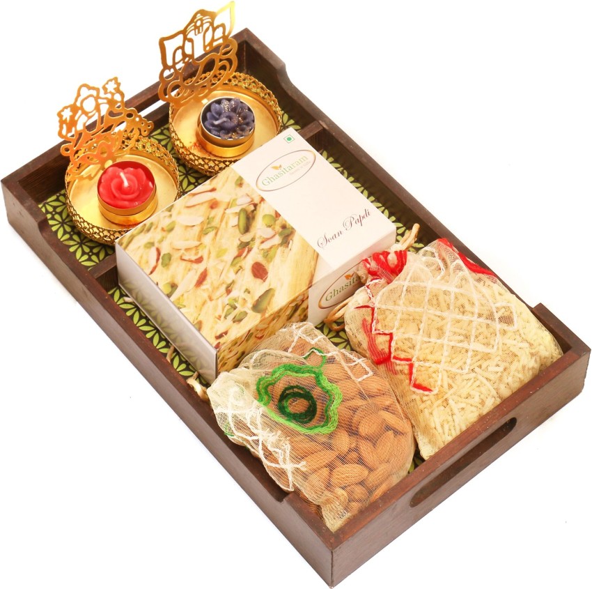 Ghasitaram Gifts Green Wooden Serving Tray with Soan Papdi