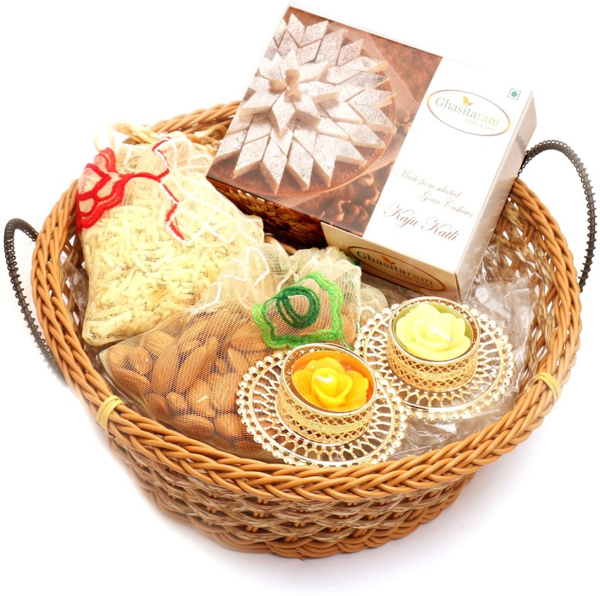 Ghasitaram Gifts Big Cane Basket with Kaju Katli, Almonds, Namkeen